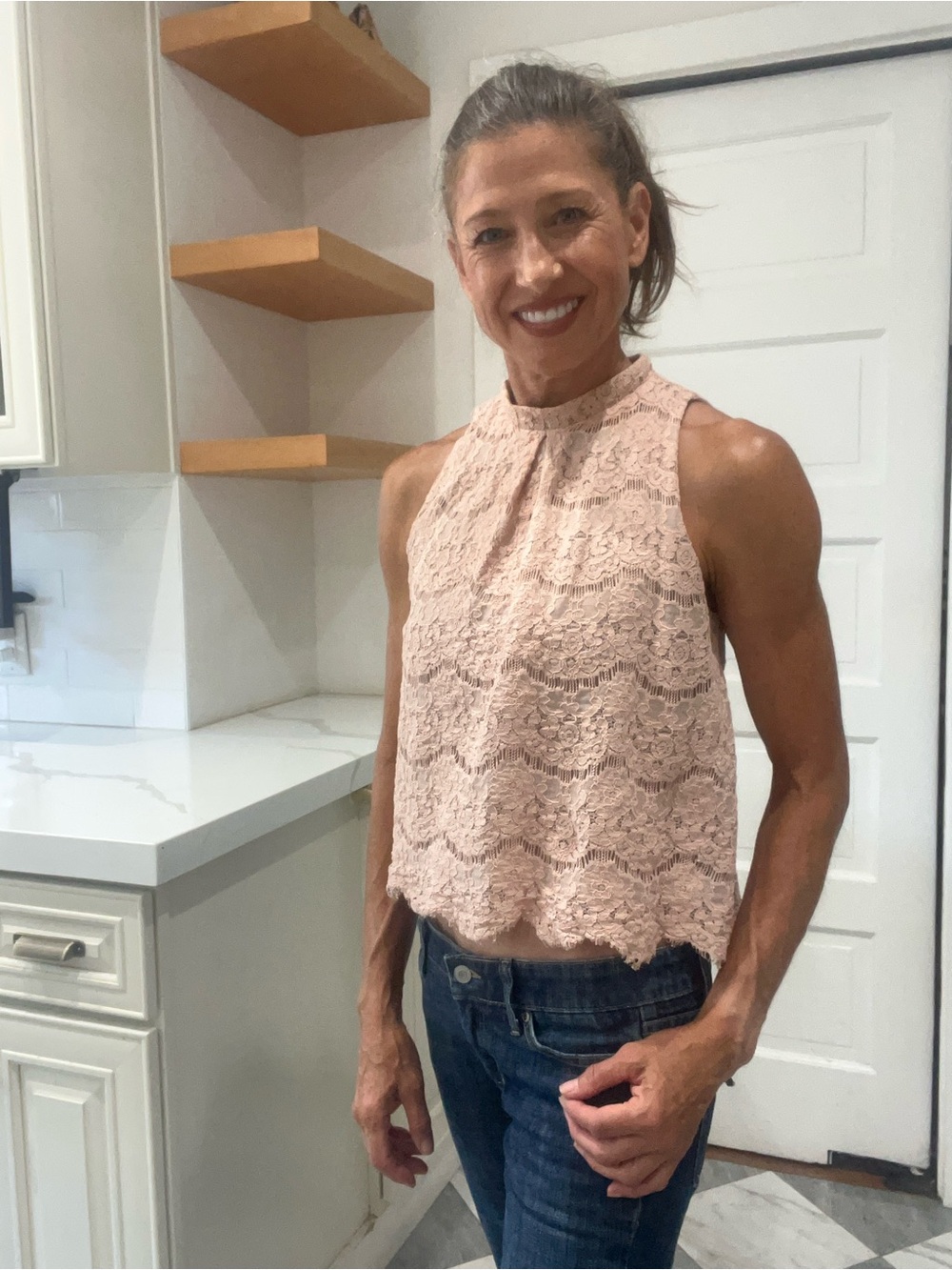 Love, Fire Blush Pink Lace High Neck Sleeveless Top | Size Medium